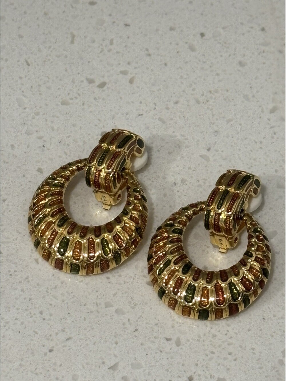 Modern Retired Joan Rivers Doorknocker Enamel Yellow Gold Plated Clip Earrings